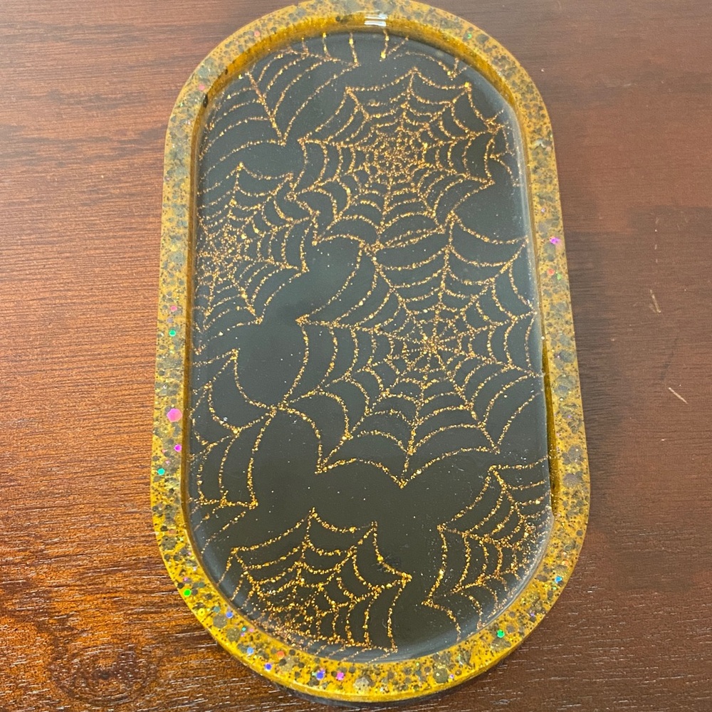 Halloween Orange & Black Glitter Spiderweb Tray